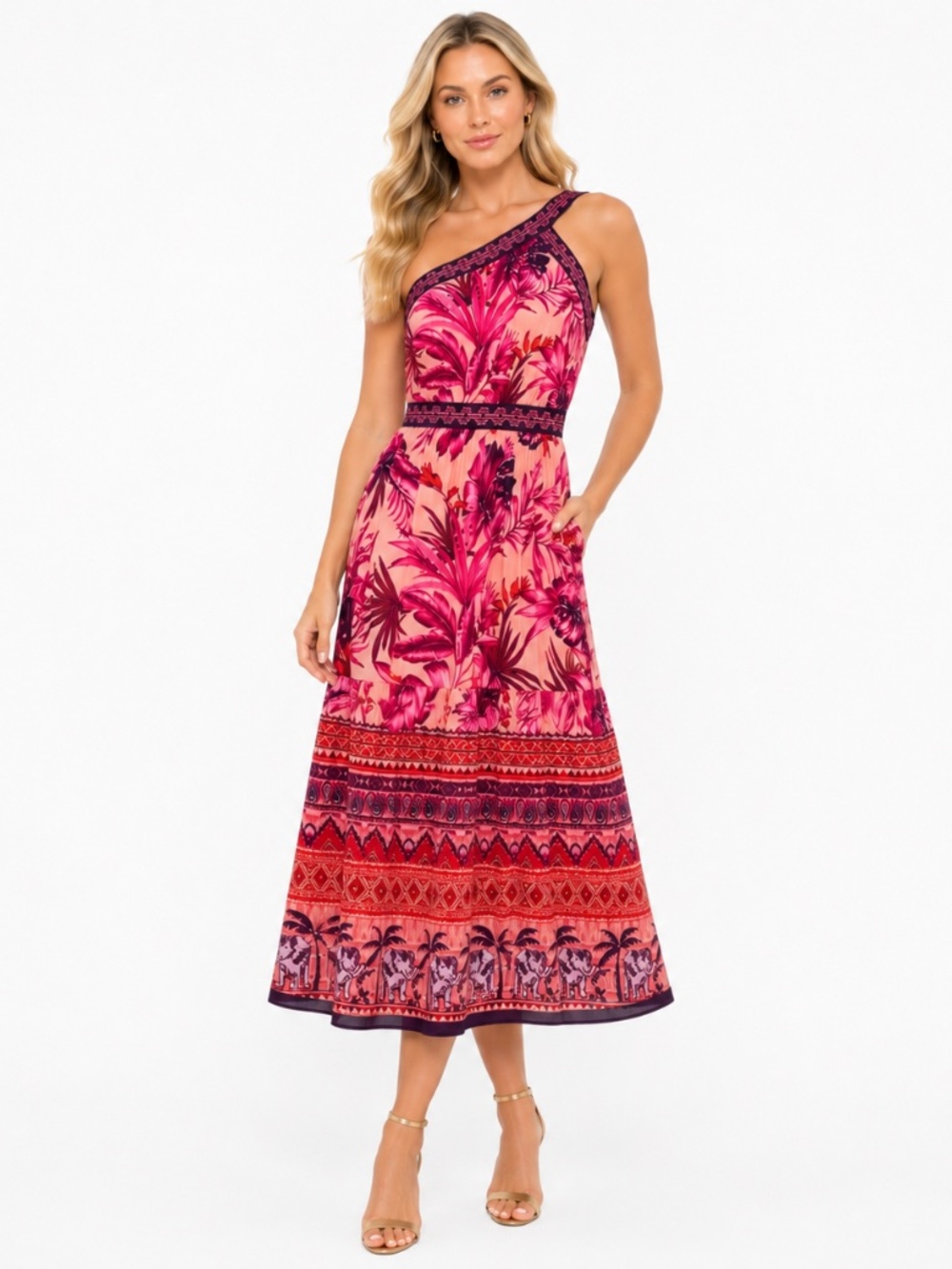 Eliza J. - Mixed-Print One-Shoulder Tiered Midi Dress